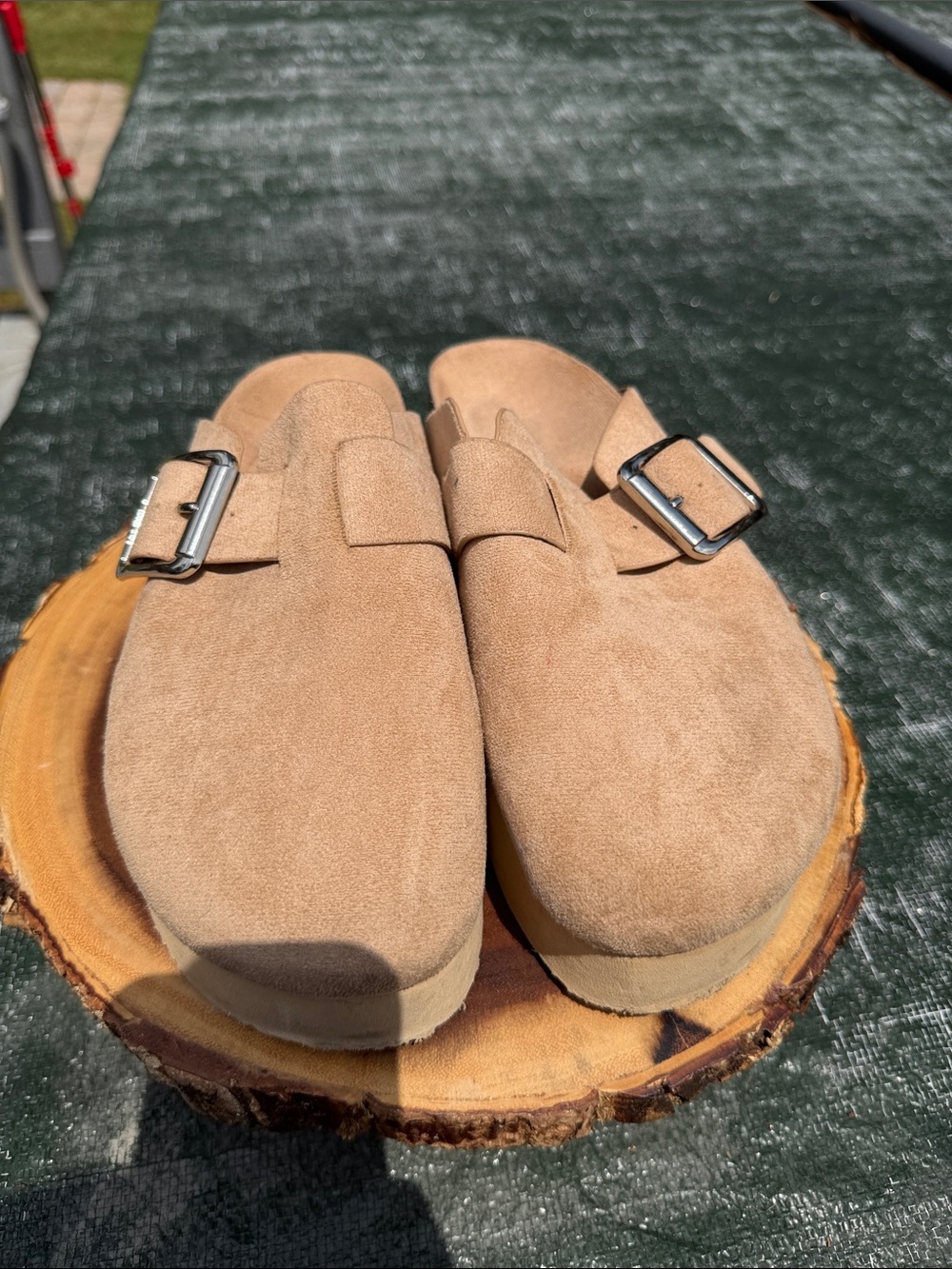 Madden Girl Tan Suede Buckled Clog Mules